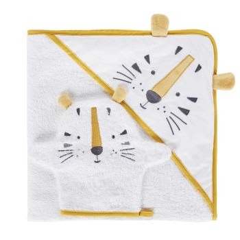 Mantella da bagno neonato in cotone bianco con testa di tigre giallo senape  e nera SAMBA
