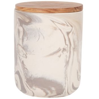 ADAM - Vasetto in gres bianco e marrone con coperchio in legno di acacia alt. 16 cm