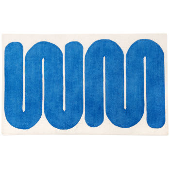HAYA - Alfombra afelpada de lana blanca con ondas azules 90 x 150