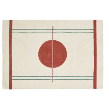 MATEO - Alfombra afelpada de lana color crudo y rojo con cordones 160 x 230