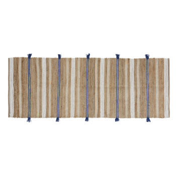 Alfombra de pasillo de yute y algodón reciclado tejidos con motivos decorativos en beige y azul 80 x 200