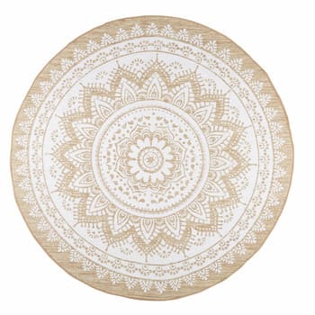 Mandala - Alfombra redonda tejida de yute y algodón blanco D.180