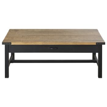 Alfred - Table basse 2 tiroirs en bois de manguier massif et métal noir