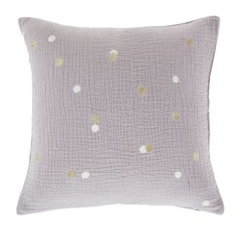 Almofada com bolas em gaze de algodão dourado e violeta, 35x35