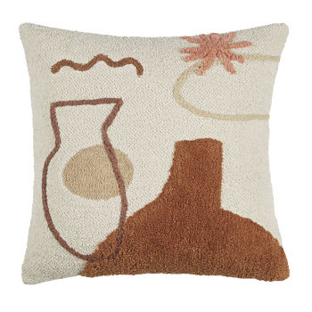 BALDIVIS - Almofada de nós em algodão cru com motivos tufados em rosa e castanho 45x45
