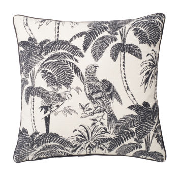 PARADIS - Almofada em algodão bege com motivo tropical estampado cinzento-antracite 45x45