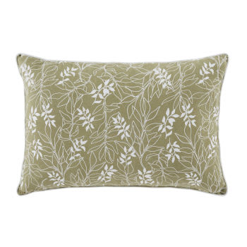 Almofada em algodão com motivos de folhas verde-caqui e cru 60x40