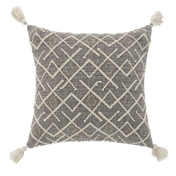 Almofada em tecido de algodão cinza com motivos gráficos bordados em cru 45x45