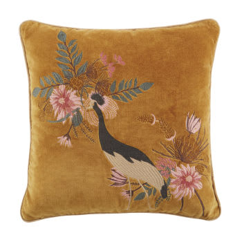 ALTAVILLA - Cuscino in velluto di cotone ricamato con stampa uccello multicolore 45x45 cm