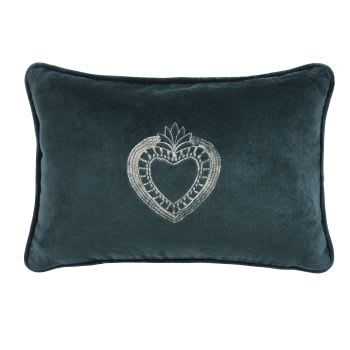 ALTURA - Almofada em veludo de algodão verde-cedro, motivo coração floral dourado bordado 30x20