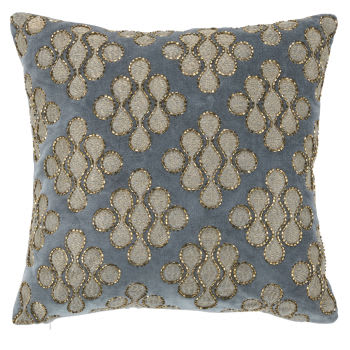 ALYS - Coussin en velours de coton à motif bleu gris et doré avec perles 35x35