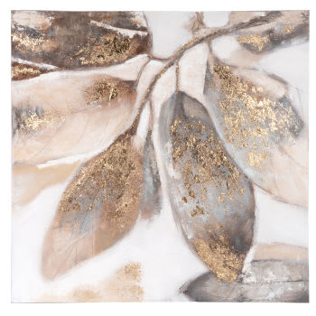 AMANDA - Toile imprimée et peinte feuilles écrues, grises et dorées 70x70