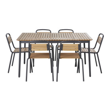 Amario - Set tavolo da giardino e 6 sedie in alluminio grigio antracite e legno di eucalipto