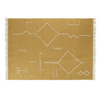 AMENZU - Mosterdgeel Berberstijl tapijt van wol, katoen en bamboe met ecru motieven 140 x 200 cm