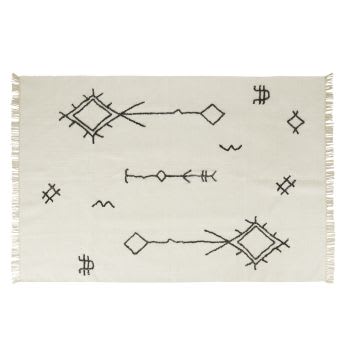 AMENZU - Tapete de estilo berbere em lã, algodão e bambu preto e branco 140x200