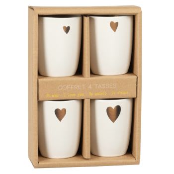 AMORE - Coffret tasses (x4) en grès blanc motifs cœurs dorés