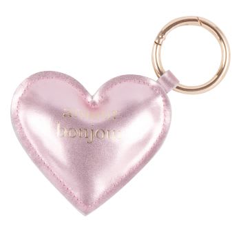 AMOUR BONJOUR - Porta-chaves com coração em couro rosa iridescente e inscrição dourada