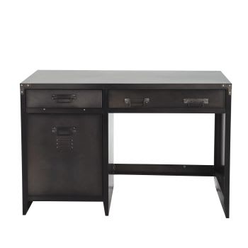 Andrews - Schreibtisch im Industrie-Stil mit 2 Schubladen und 1 Tür, aus schwarzem Metall