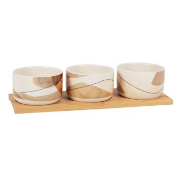 DUNE - Aperitifschüsseln aus Keramik, taupe und braun, Set aus 3 mit Tablett