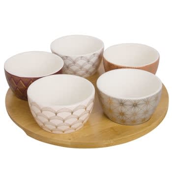 WONDERFUL - Aperitiftablettt 5 Schälchen aus Keramik mit goldfarbenen Motiven