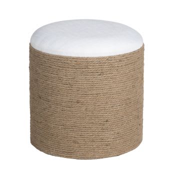 ARMAND - Puf redondo de yute trenzado y lino blanco
