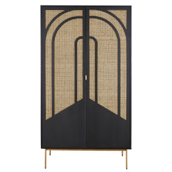 Loreto - Armario negro con 2 puertas batientes, rejilla de ratán y metal dorado