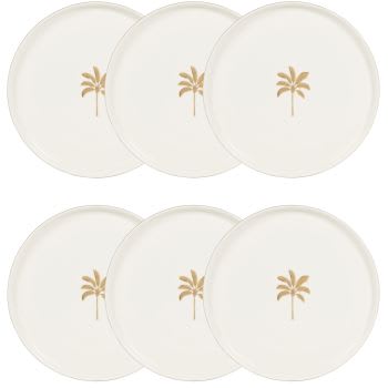 Lot de 6 - Assiette plate en porcelaine beige motif palmier doré et marron