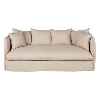 Louvain - Ausziehbares 3/4-Sitzer-Sofa mit beigefarbenem Bezug mit Leineneffekt, Matratze 10cm