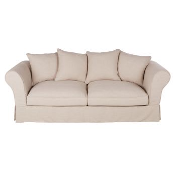 Roma - Ausziehbares 3/4-Sitzer-Sofa mit beigefarbenem Bezug mit Leineneffekt, Matratze 12cm