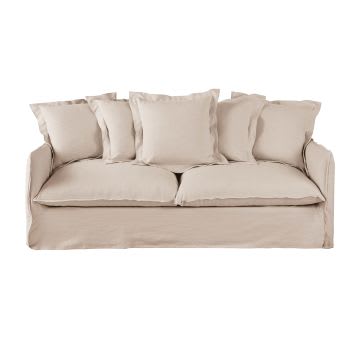 Barcelone - Ausziehbares 3/4-Sitzer-Sofa mit Bezug aus beigefarbenem Leineneffekt, Matratze 14cm