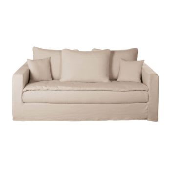 Celestin - Ausziehbares 3/4-Sitzer-Sofa mit Bezug aus beigefarbenem Leineneffekt, Matratze 6cm