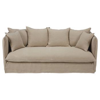 Louvain - Ausziehbares 3/4-Sitzer-Sofa mit Bezug aus beigem gewaschenem Leinen