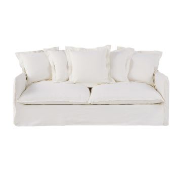 Barcelone - Ausziehbares 3/4-Sitzer-Sofa mit Bezug aus weißem Leineneffekt, Matratze 6cm