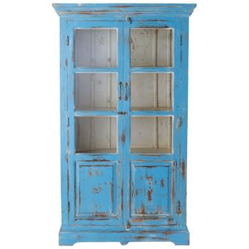 Avignon - Armário com portas de vidro e madeira de mangueira azul-turquesa efeito envelhecido largura 105