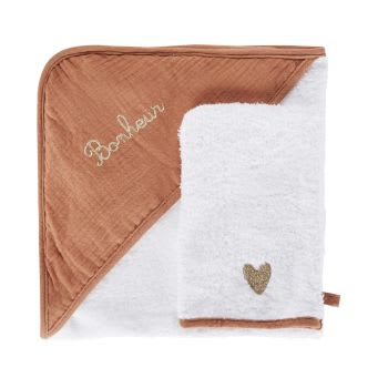 Baby bathrobe in cotton gauze with white, terracotta and gold embroidery 80x80cm