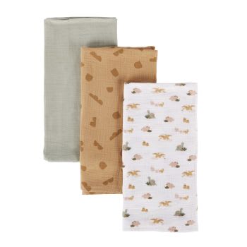 Babyspucktücher aus weißer Bio-Baumwollgaze mit Dinosaurieraufdruck, braun und khakigrün mit Plättchenaufdruck (x3)