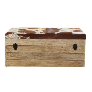 DENVER - Banco de caixa de 2 lugares em madeira de manga e pele de vaca