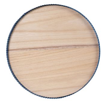 BELMIRO - Bandeja redonda de madera de pino y metal azul D. 25