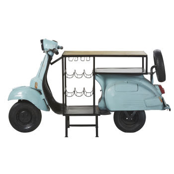 Scooter - Barmeubel blauwe scooter van metaal en mangohout