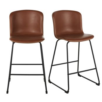 Barstühle mit braunem, beschichtetem Stoffbezug in Lederoptik und schwarzem Metall (2 Stück), H65cm