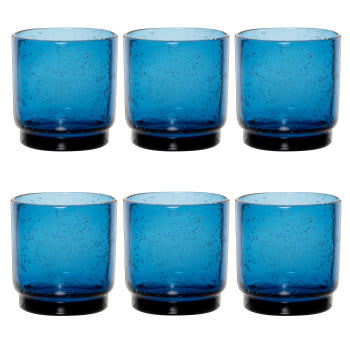 Set aus 6 - Becher, stapelbar aus blauem Blasenglas