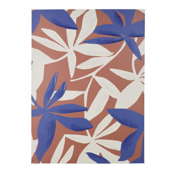 COLOMBINE - Bedrukt en beschilderd doek met bladmotief, ecru, blauw en bruin, 80 x 110 cm