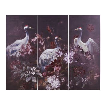 LEON - Bedrukt en beschilderd drieluik met meerkleurige vogels en bloemen, 165 x 135 cm