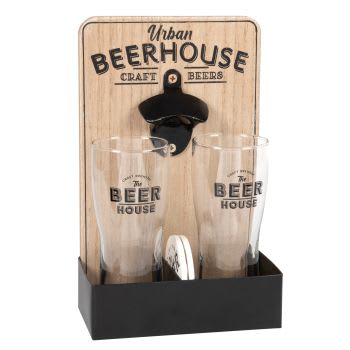 BEERHOUSE - Support verres à bière (x2) en eucalyptus et métal avec décapsuleur intégré