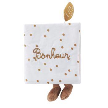 Beige, bruin, blauw babyspeelboek met goudkleurig geborduurd woord ‘Bonheur’