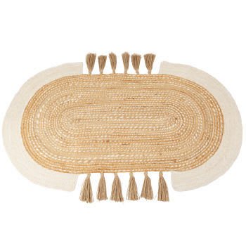 NAKABUGO - Beige en ecru tapijt gesneden van geweven jute met pompons, 90 x 150 cm