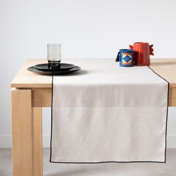 Beige en zwarte tafelloper uit gewassen linnen 50 x 150 cm