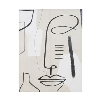JINAH - Beige, zwart en wit bedrukt en beschilderd abstract doek, 90 x 120 cm