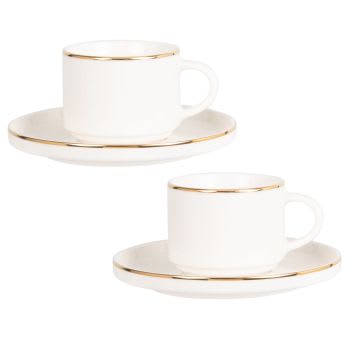 BERENICE - Lote de 2 - Taza de café y platillo de porcelana blanca y dorada