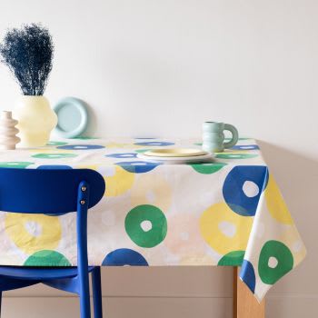 BULA - Beschichtete Tischdecke aus Baumwolle, weiß mit buntem Donutmotiv, 150x250cm